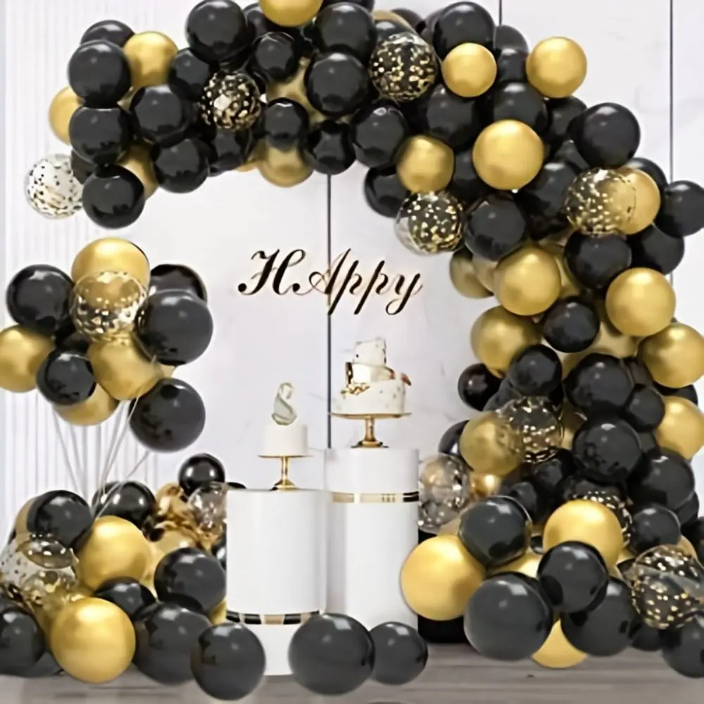 104Pcs Metallic Latex Balloons Decorations Kit, Black & Metallic Gold Balloon Garland Kit with Confetti, Easy DIY Assembly, No Electricity Needed, Home & Birthday Party Supplies Backdrop