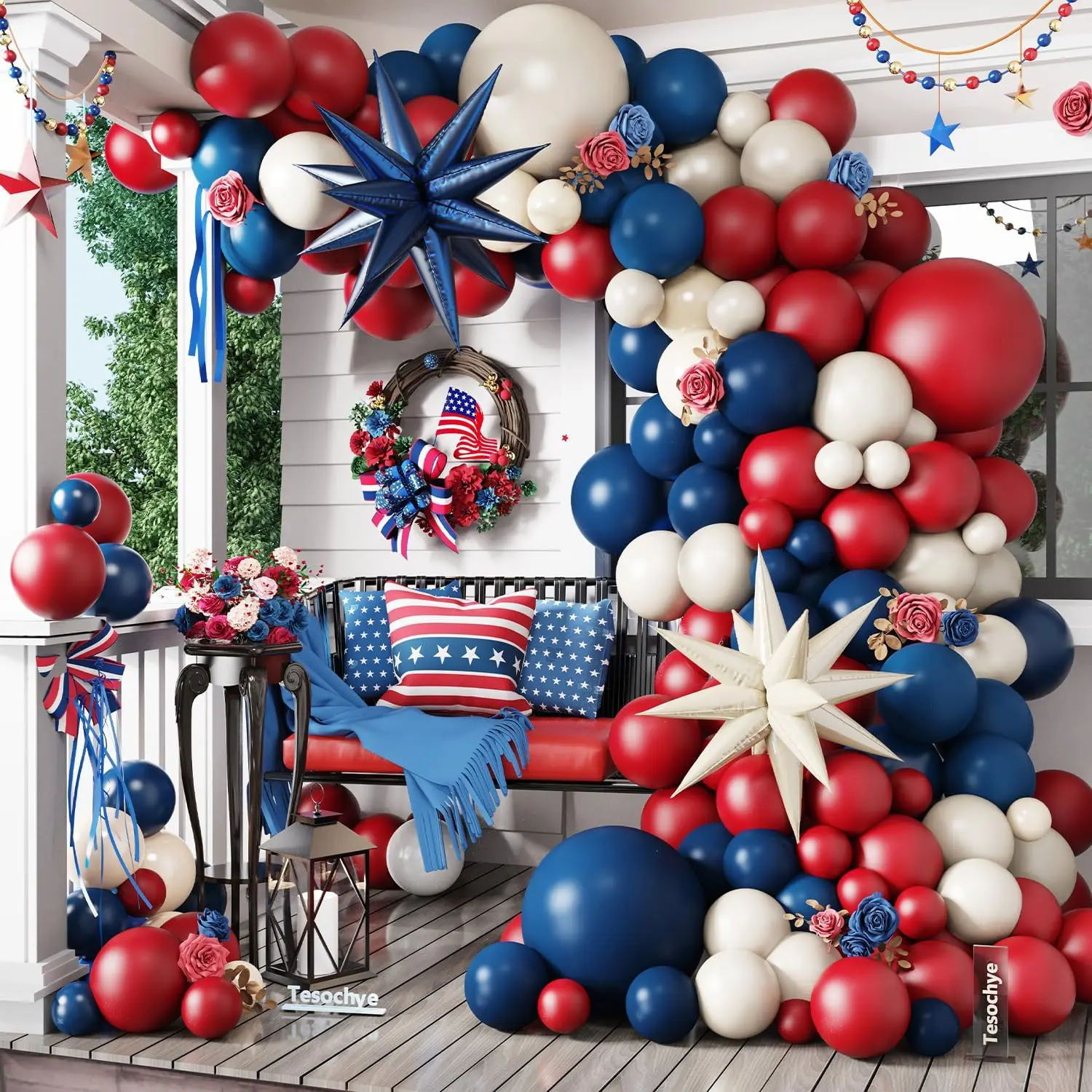 Tesochye 143Pcs Latex Patriotic Balloon Arch Kit - Navy Blue, Ruby Red, Sand White Balloons with Pump, Curling Ribbon, Tools for 4th of July, Graduation Party Backdrop, Wall Decor, Nautical