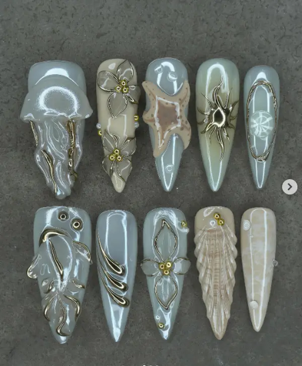Ocean Shell 3D Nails, Gray Beige Coastal Design, Gold Floral Charms, Long Coffin Press On Nails, Mermaid Beach Manicure
