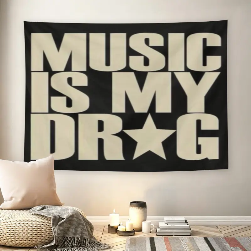 Music Is My Drug Wall Flag, Hangg Wall Decor, Bold Beige Text Prt, Mid-century Modern Black Flash Manga Style, Music Lover Aesthetic, For Adult Fans, Inspirational Decor, Bedroom, Livg Room, Aesthetic Tapestry