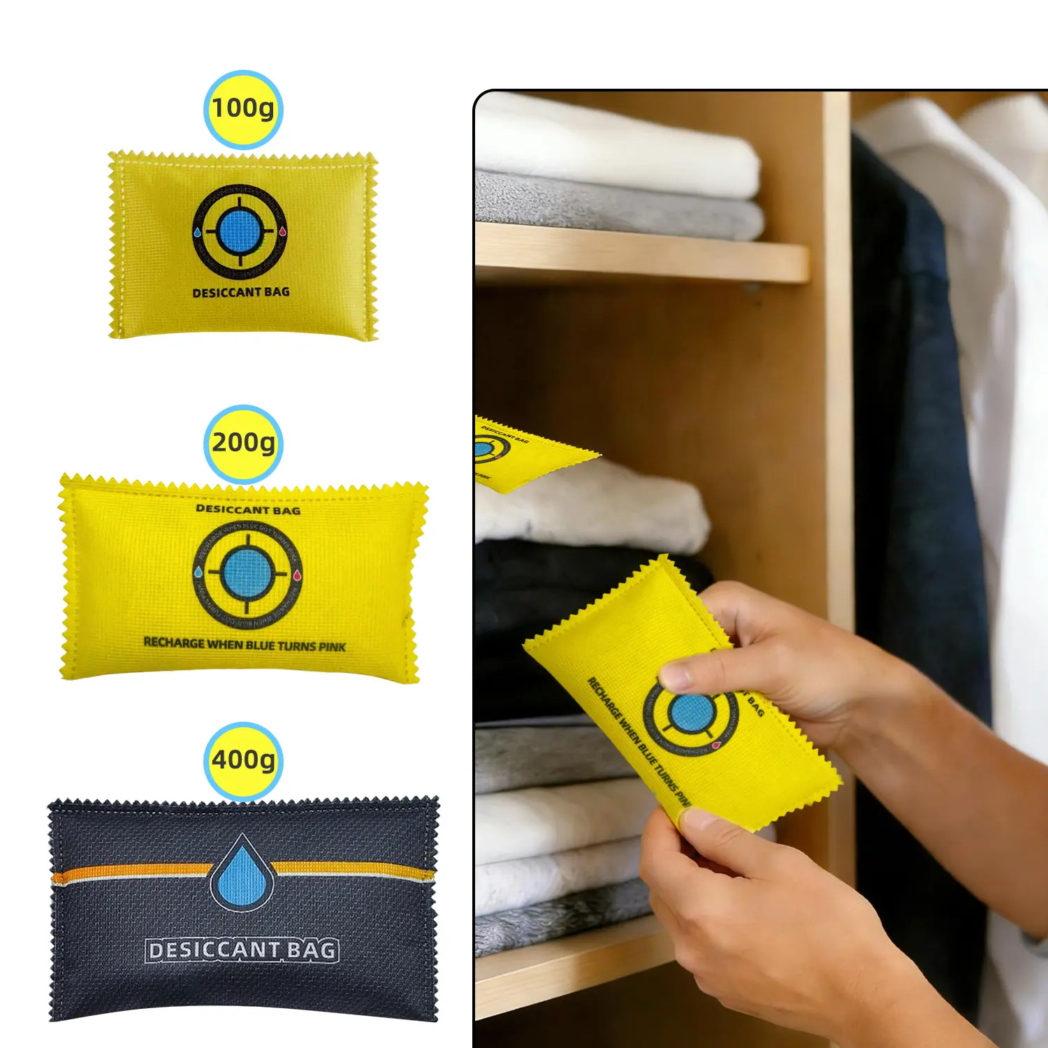 Rechargeable Silica Gel Moisture Absorbers - 3x200g Yellow Color Changing Indicator, Non-Toxic Compact Form Reusable Dehumidifier, Moisture Absorbers for Storage, Home/Car Use, 400g Water Drop Mold & Damp Proofing