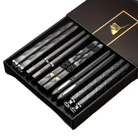 HomeSoGood 5 Pair Japanese Style Black Non-Slip Food Grade Alloy Chopsticks Cutlery Tableware (9.5-Inch) with Reusable Design Modern Kitchen# Reusable Non-Slip Wooden Chopsticks