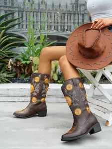Women's Embroidered Mid-Calf Boots, New Thick Heel Vintage Western Cowboy Rodeo Boots, Fashionable Spring & Fall Mid-Calf Boots