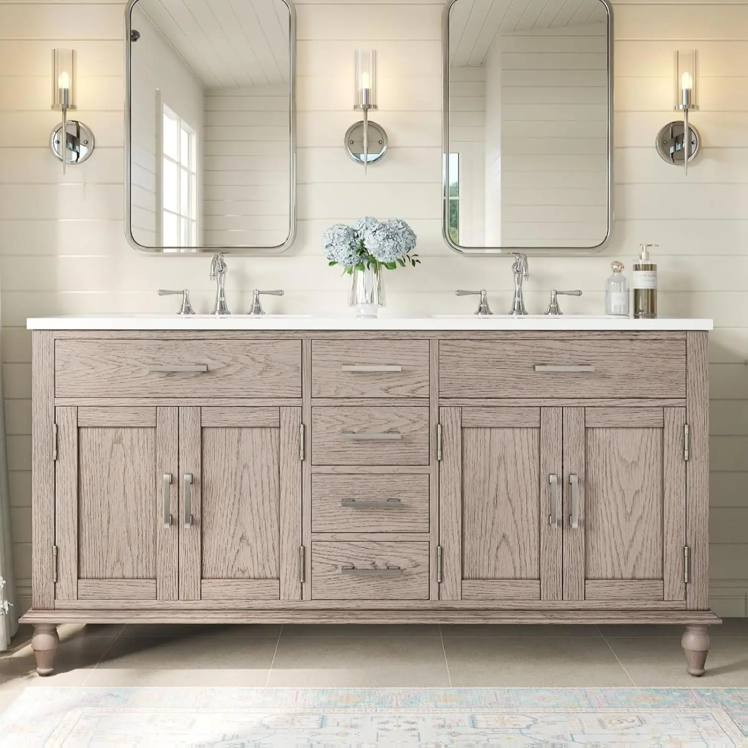 Amerlife 60" Solid Oak Double Sink Bathroom Vanity Set - Antiqued Grey, 7.2" Deep Integrated Sinks, Adjustable Bathroom Cabinet Storage, Tool-Free Assembly, Wood Drawers