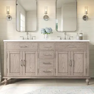 AMERLIFE 60" Solid Oak Bathroom Vanity with 7.2" Deep Integrated Sinks & Adjustable Storage – Antiqued Grey Tool-Free Assembly Double Sink Vanity Set Wood Wardrobe Cabinet Wood Drawers