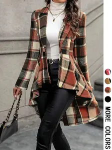 Women's Plaid Print Button High Low Hem Slim-Fitted Jacket, Casual Long Sleeve Lapel Neck Open Front Outerwear for Fall & Winter, Ladies Clothes for Daily Wear, Coats