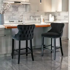 [Fahuac] Modern Black Velvet Wing-Back Bar Stool Set of 2, Button Tufted Chrome Nailhead Trim, Kitchen Counter Height Chair with Wooden Legs