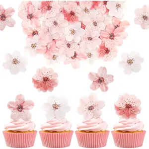 50 PCS Edible Cherry Blossoms Cupcake Toppers Edible Cherry Blossom Flowers Cake Decorations for Spring Tea Party Cherry Themed Birthday Party Baby Shower Bridal Engagement Anniversary Baked Goods