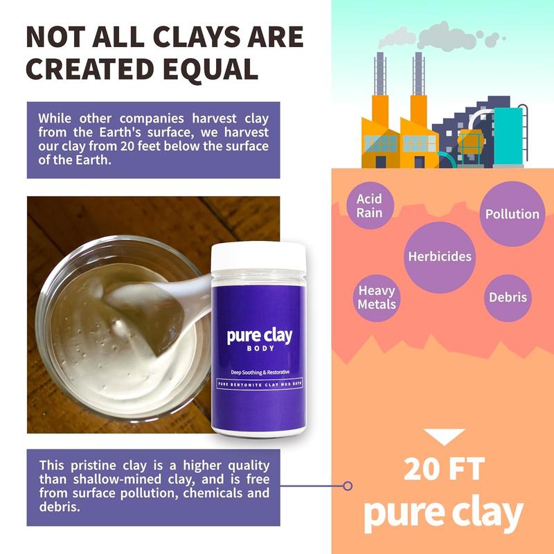 PURE CLAY Deep Mined Calcium Bentonite Clay Powder, Food Grade Organic, Detox Bath and Body Mud, Skin Soothing, Deep Cleansing - 32 oz