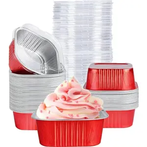 50 Pack Square Aluminum Foil Baking Cups with Lids, 5oz Disposable Molds for Cupcake, Muffin & Brownie, Perfect for Wedding & Birthday Party