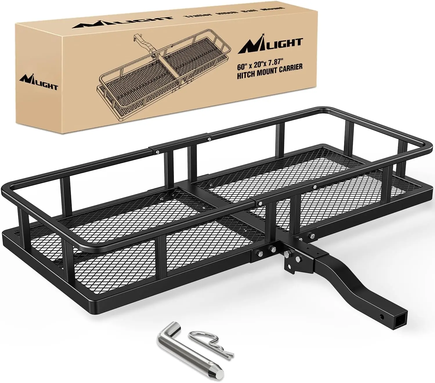 Nilight Heavy-Duty Fold-Up Cargo Basket - 60"x20"x7.87" Luggage Carrier, 5/8" Pin Clip, 500 Lbs Capacity, Easy Mount for 2" Hitch Receiver, Universal Car & Vehicle Accessories for Pickups/SUVs, Father's Day Gift, Universal Car Accessories, Extra Strength