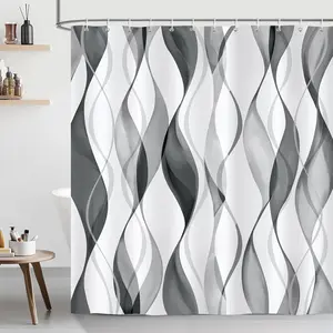 Gray Striped Shower Curtain 72x72 Inch, Modern Abstract Wavy Line Bathroom Curtain, Water-Resistant Polyester Fabric Bath Curtain with 12 Hooks, Minimalist Bathroom Decor