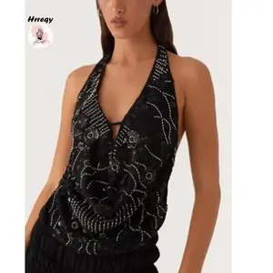 Women´s Summer Halter Neck Sleeveless Open Back Sequin Flower Tank Tops For Beach lightweight woman fashion new