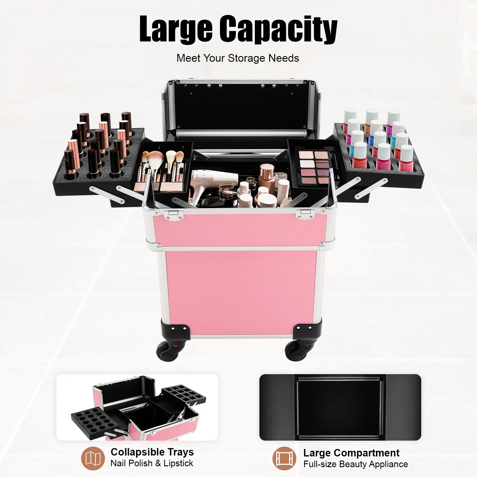 CNCEST Rolling Makeup Train Case with Keys Pink Cosmetic Trolley for Hairdressing Travel Secure Locking System Durable Wheels 24x34x47cm