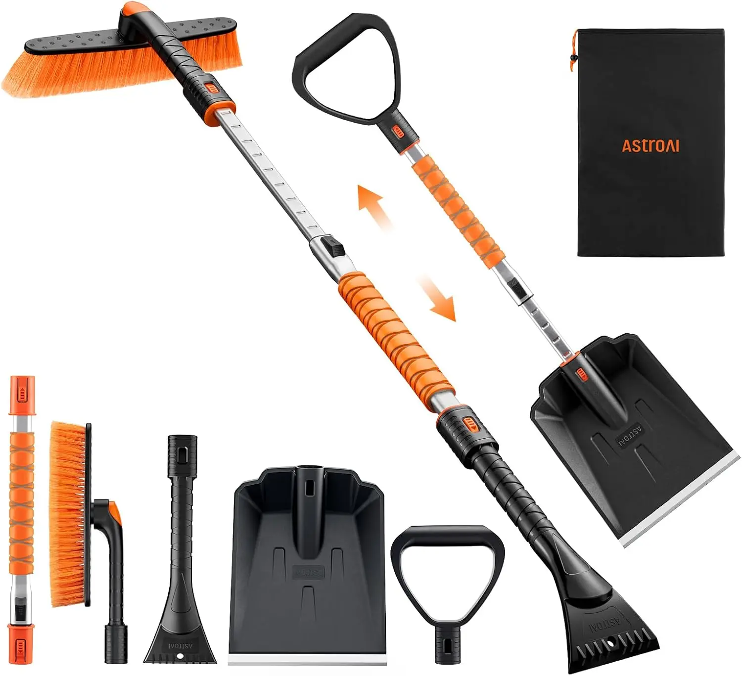 AstroAI 2" 1 Ice Scraper & Snow Shovel Kit, 47.2" Ice Scrapers for Car Windshield and 360° Pivoting Snow Brush, Extendable Snow Shovel with Foam Grip for Car, Trucks, SUVs, Vehicles（Orange）