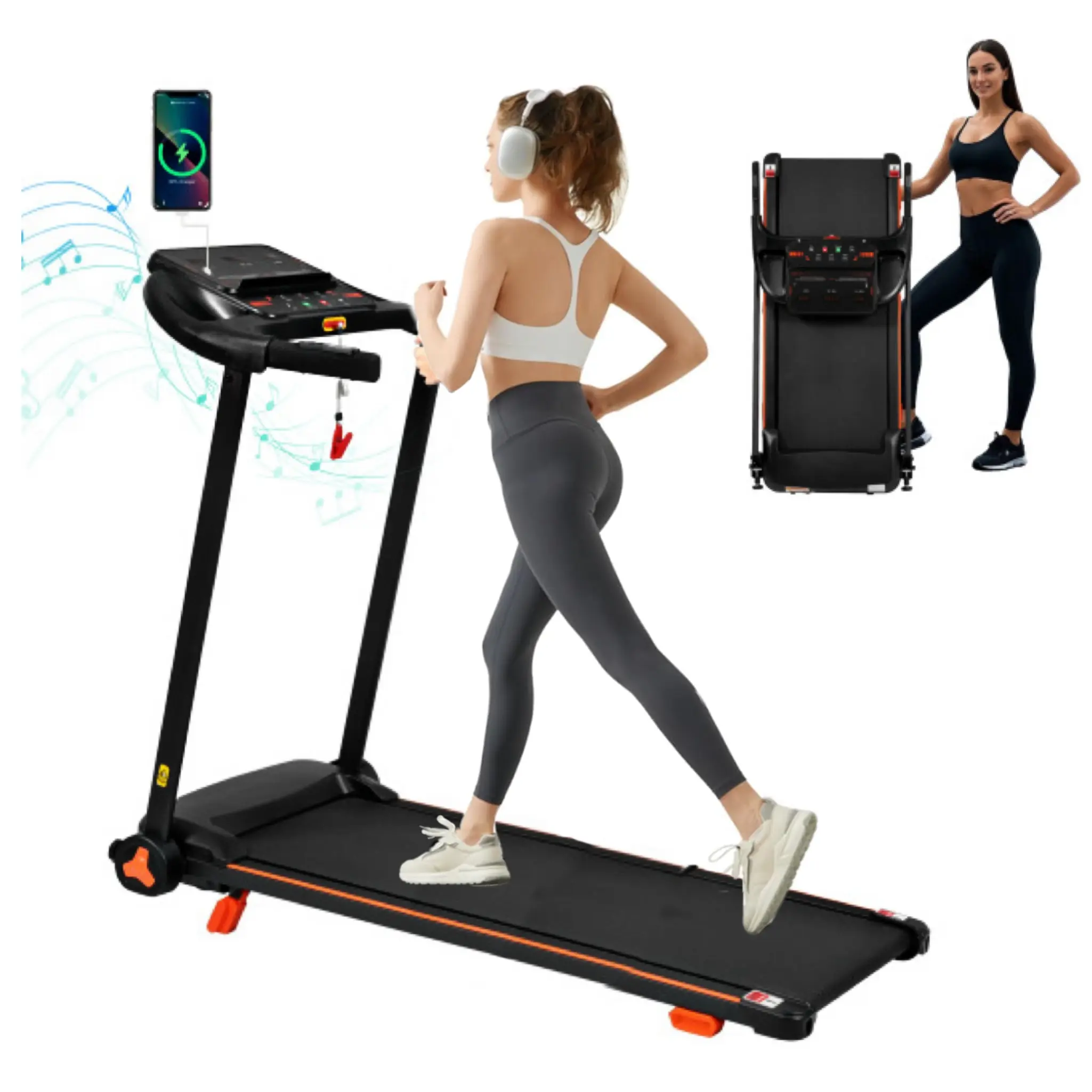300lbs Weight Capacity Treadmill for Home, 2.5HP Quiet Folding, Heart Rate Sensor, 7.5MPH, Incline, USB Charge & Bluetooth Speaker, 6 Shock-Absorbing