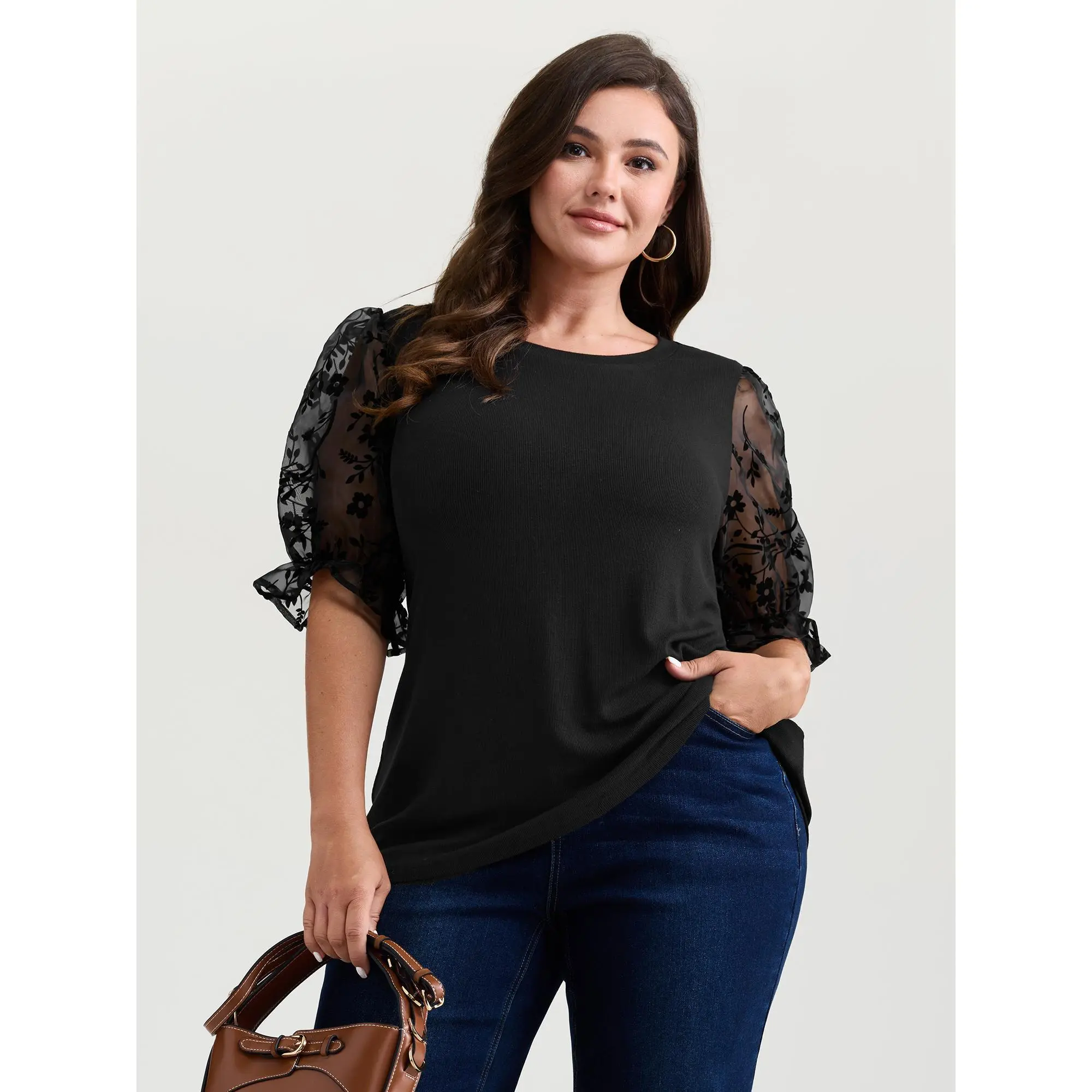 BloomChic Women's Plus Size Blouse with See-Through Nylon Patchwork Lace, Timeless Round Neck and Lantern Half Sleeves, Garment, Fabric, Regular Length, Rayon Blend, Sheer Puffy, Balloon Sleeve, Casual, Classic, Shirts, Top