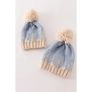 Blue pompom Christmas tree cable beanie
