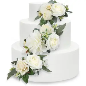 3Pcs Pre-made Cake Flowers Toppers White Green Cake Decorations Wedding Cake Decorating Flowers Decor Birthday Baptism Party Cake Topper