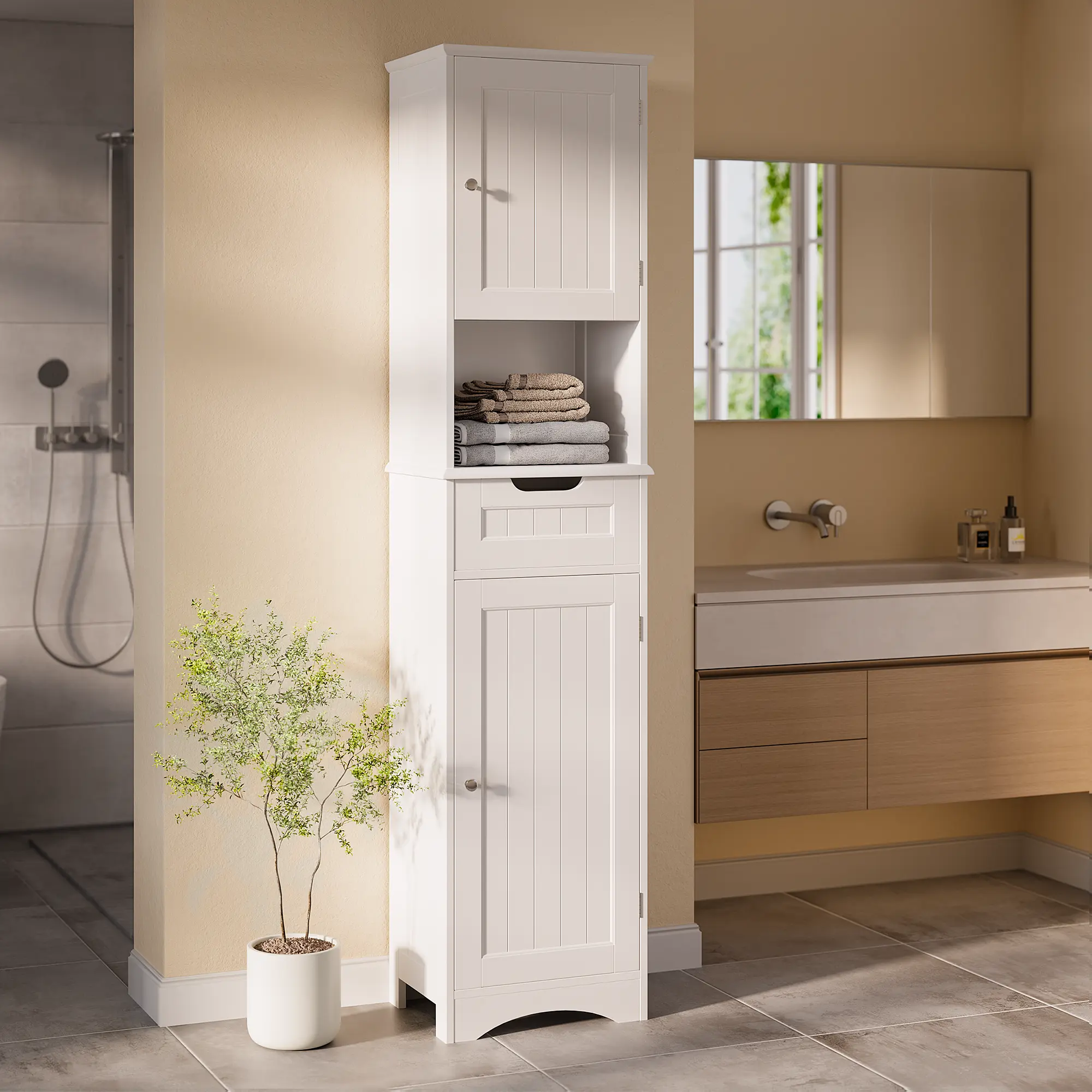 Gizoon 67"H Wood Single Unit Tall Bathroom Cabinet - Narrow Freestanding Linen Tower with 2 Doors, Drawer System, Adjustable Organizer, Customizable Compartments, Anti-Tipping Device, Included Tools Simplify Home Setup, Drawer System Bathroom Furniture, W