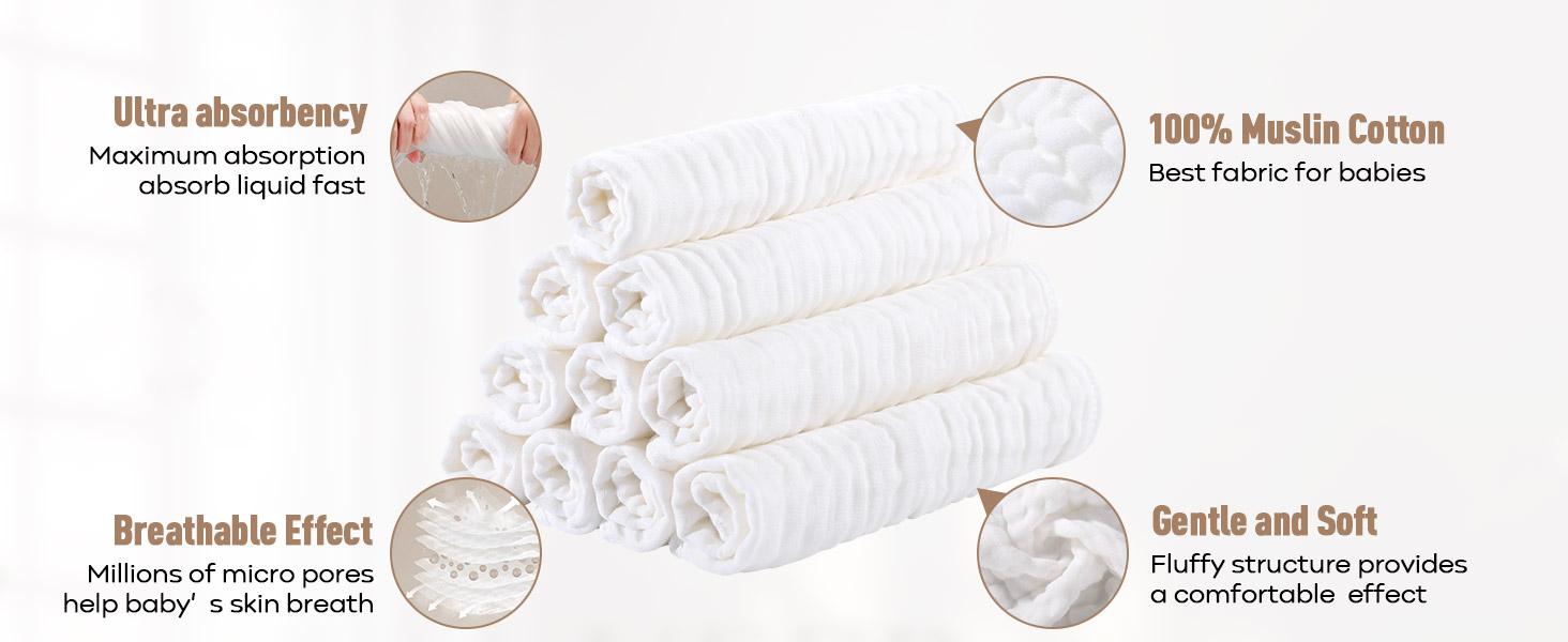 Yoofoss Muslin Wash Cloths Set of 10 Pack for Boys and Girls - 100% Cotton Baby Bath Face Towel Washcloths, Large 20''X10'' Super Soft and Absorbent