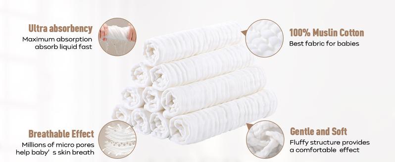 Yoofoss Muslin Wash Cloths Set of 10 Pack for Boys and Girls - 100% Cotton Baby Bath Face Towel Washcloths, Large 20''X10'' Super Soft and Absorbent