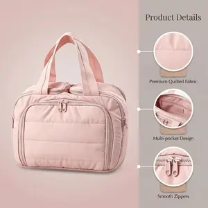 Travel Toiletry Bag, Puffy Large Toiletry Bag for Women, Lightweight Cosmetic Makeup Bag Organizer with Handle for Traveling, Accessories, Essentials, Toiletries ( pink)