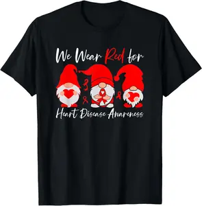 100% Cotton Heart Disease Awareness Gnome T-Shirt Round Neck Short Sleeve T-Shirt Women's Men Graphic Tee