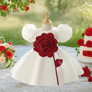 3026 girl red flower dress romantic design dress puff sleeve dress suitable for anniversary birthday party