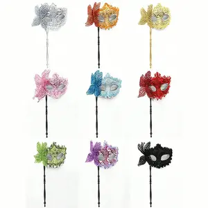 Women Masquerade Mask with Holding Stick, Half Face Mask for Halloween, Multi-Color Floral Design, Perfect for Parties & Celebrations, Party Favor