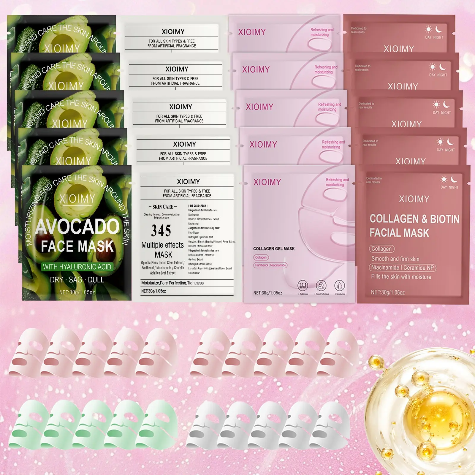 20pcs Collagen Protein Intense Hydrating Facial Mask Set, Deep Moisturizing, Smooth and Smoother Skin, Rich Bio-Collagen, Anti-Dryness Face Care