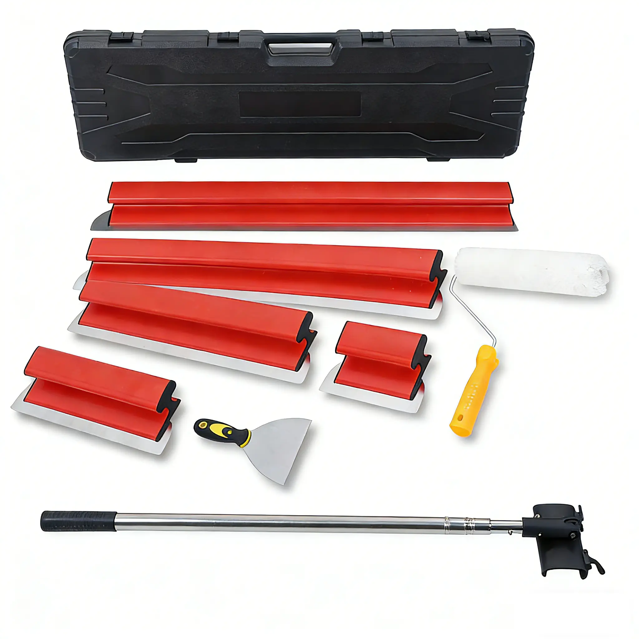 Stainless Steel Drywall Skimming Blade Set (1 Set, 0.3mm Thickness) for Construction, with Drywall Scrapers, Portable Case, 7.9"-39.4" Blades, Adjustable-Length Extension Rod, Ease Moving Mud, Easy to Clean Home Improvement Finishing Tools