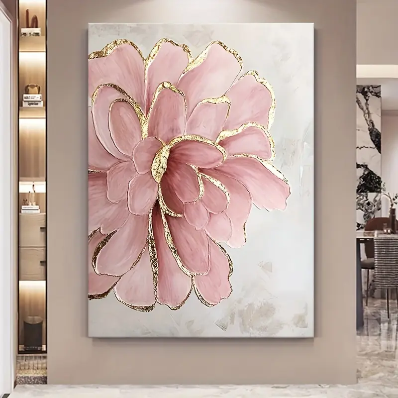 Unframed Pink Peony Watercolor Floral Landscape Print - High-DPI Modern Luxury, Golden Accents, Waterproof, Ready-to-Hang, Paintings for Living Room, Kitchen House Decor Hanging Wall Art