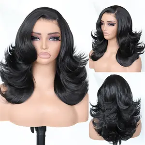 U&A Hair Wavy Layered Wig Blowout Style C- Part ,260% Density 9x7 Lace Front Synthetic Wear and Go Pre Cut Pre Plucked Glueless Wigs 18Inch Natural Looking Hair for Women Daily Party Use Beginner friendly