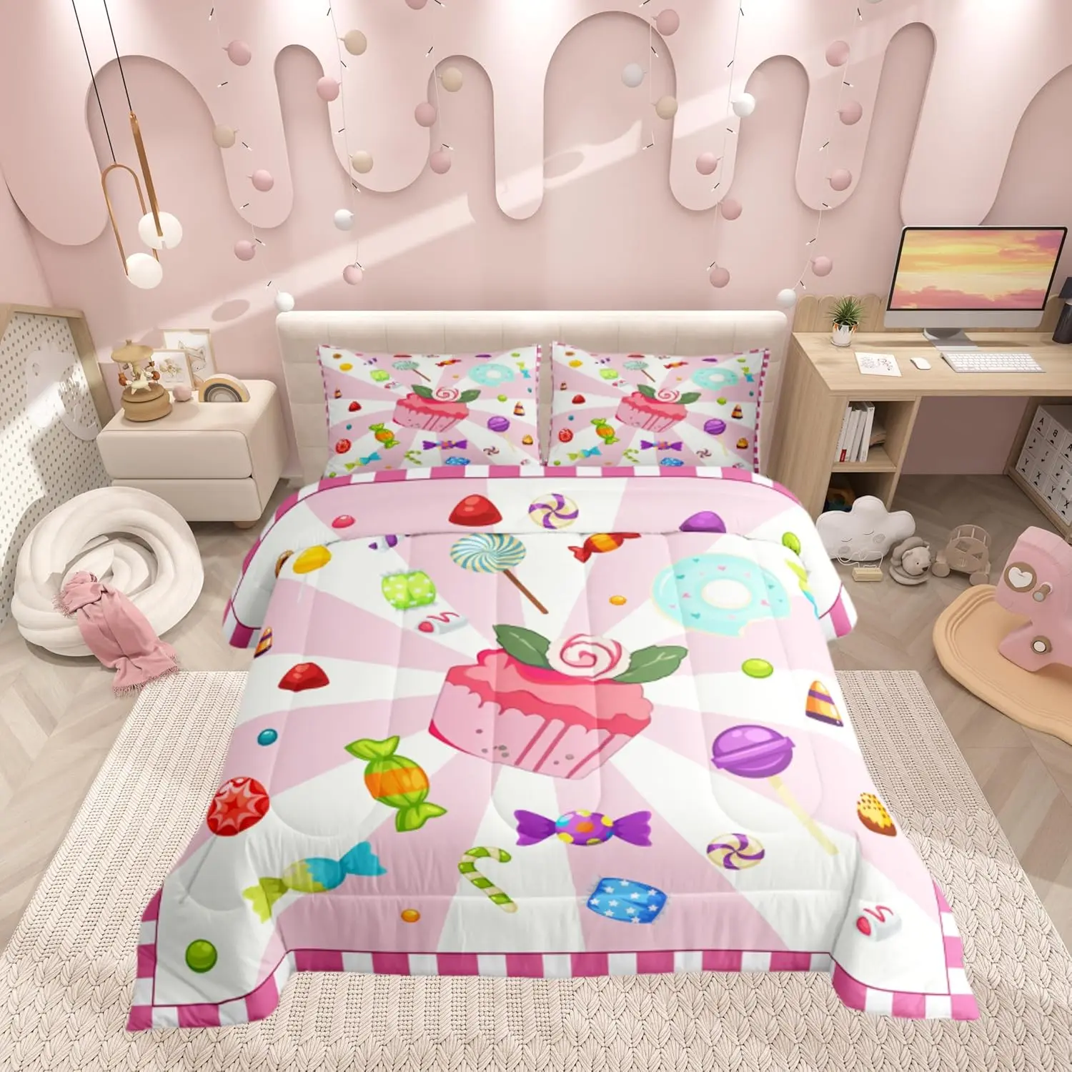 C ake Bedding Comforter Sets,Dreamy Doughnut Lollipops Candy Pattern Bedding Set for Bedroom Decoration,Watercolor Pink Cake Comforter and 1 Bedroom Decor