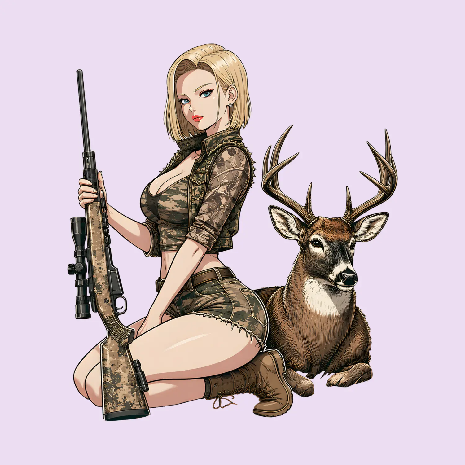 Android 18 Deer Hunting Girl Sticker, Camo Huntress With Rifle Waterproof Vinyl Decal for Truck Laptop Tumbler Water Bottle