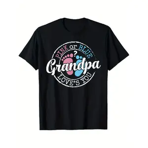 Grandpa Gender Reveal T-Shirt - Pink or Blue Grandpapa Loves You - Baby Shower Birthday Gift for Grandfathers-to-Be - Black Shirt with Footprints - Machine Washable Adult Casual  Graphic Vintage