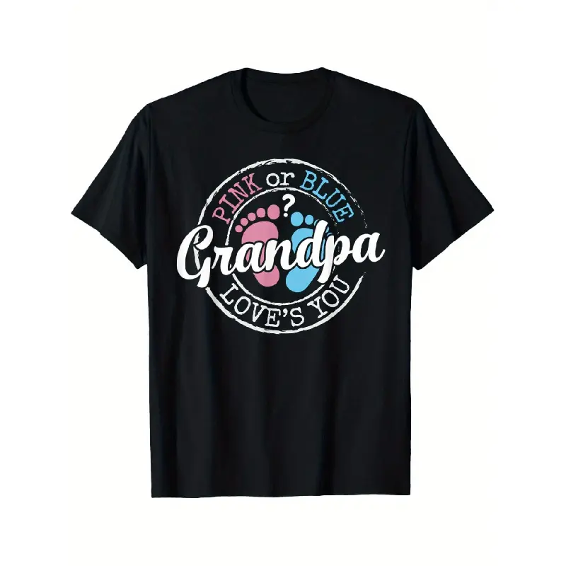 Men's Oversized Short-Sleeve Round Neck T-Shirt - Grandpa Gender Reveal Casual Vintage Graphic Top, Pink/Blue Grandpapa Loves You Print, Black with Footprints, Machine Washable Baby Shower Gift for Grandfathers-to-Be, Shortsleeve