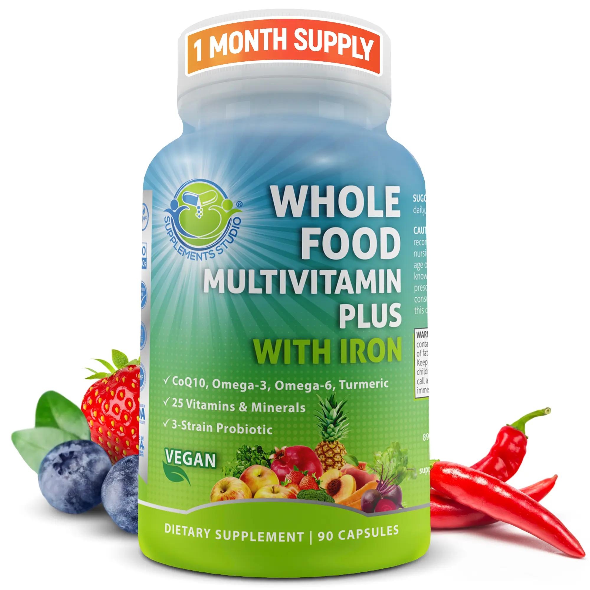 SUPPLEMENTS STUDIO Whole Food Multivitamin with Iron for Women & Men - Vegan Multivitamin with Methylated B Vitamins, Probiotics, Made with Fruits & Vegetables - Supports Energy & Gut Health - Easy to Swallow