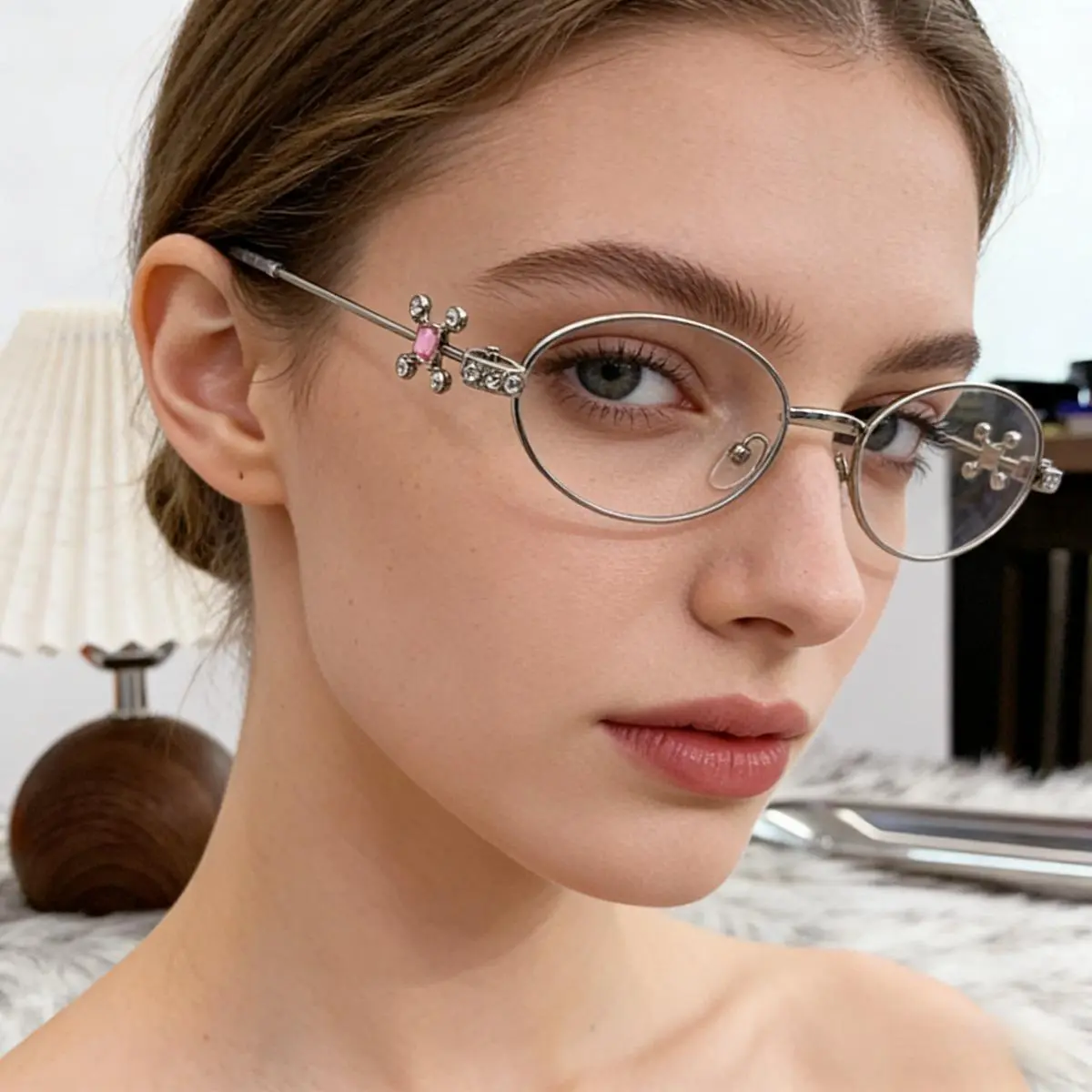 Women's Blue Light Blocking Glasses - Y2K Rhinestone Fashion Eyewear, Slim Small Frame Clear Lens, Lightweight Sparkly Bluelight Eyeglasses for Work, Gaming, Bluelight Glasses, Lightweight Eyeglasses