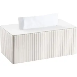 PU Tissue Box Cover Tissue Box Holder with Bottom, Napkin & Facial Tissue Holder Dispenser for Home, Office for Standard 120-count/160-count (2-Ply) White Stripe