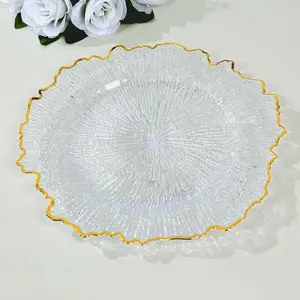6-Pack Plastic Charger Plates 13", Round Clear Reef Design with Gold Rim - Decorative Dinner Party Serving Plates