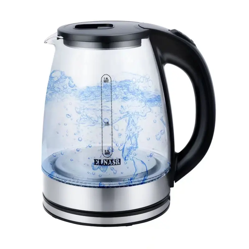 Electric glass kettle with American plug, LED light, 1.8L wide opening hot water boiler, automatic 5-minute shutdown, dry burning, overheat protection