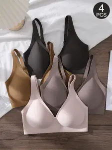 4PCS Women's Deep V Wireless Push-Up Bra, Seamless Jelly Pad Daily Bras, Everyday Casual Fitted Full Coverage, All Seasons