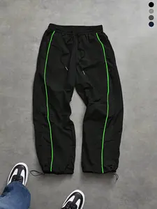 Men's High Street Style Colorblock Drawstring Ankle Pants Summer Thin Slightly Wrinkled Fabric Casual Side Red Stripe Decorated Elastic Waist Sports Pants Unisex Trendy Loose Versatile Cargo Pants