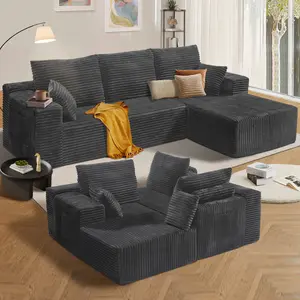106’’ Modular L-Shape Sectional Couch, Couches for Living Room with Deep Seat, Modern Minimalist Upholstered Couches with Chaise, No Assembly Required, Grey, Right Facing Corduroy Fabric Sofa.