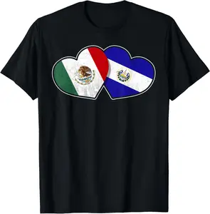 Cotton Short Sleeve Shirt Half Mexican Half Salvadorian Flag Heart Mexico El Salvador T-Shirt Summer Casual Menswear Graphic Tee, Fashion Gift, Adult Size Streetwear