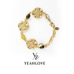 YEAHLOVE Vintage Ornate Medallion Bracelet  Gold-tone boho design with multi-gemstones + pearl accents. A bold statement piece perfect for daily wear, festivals, or gifting.