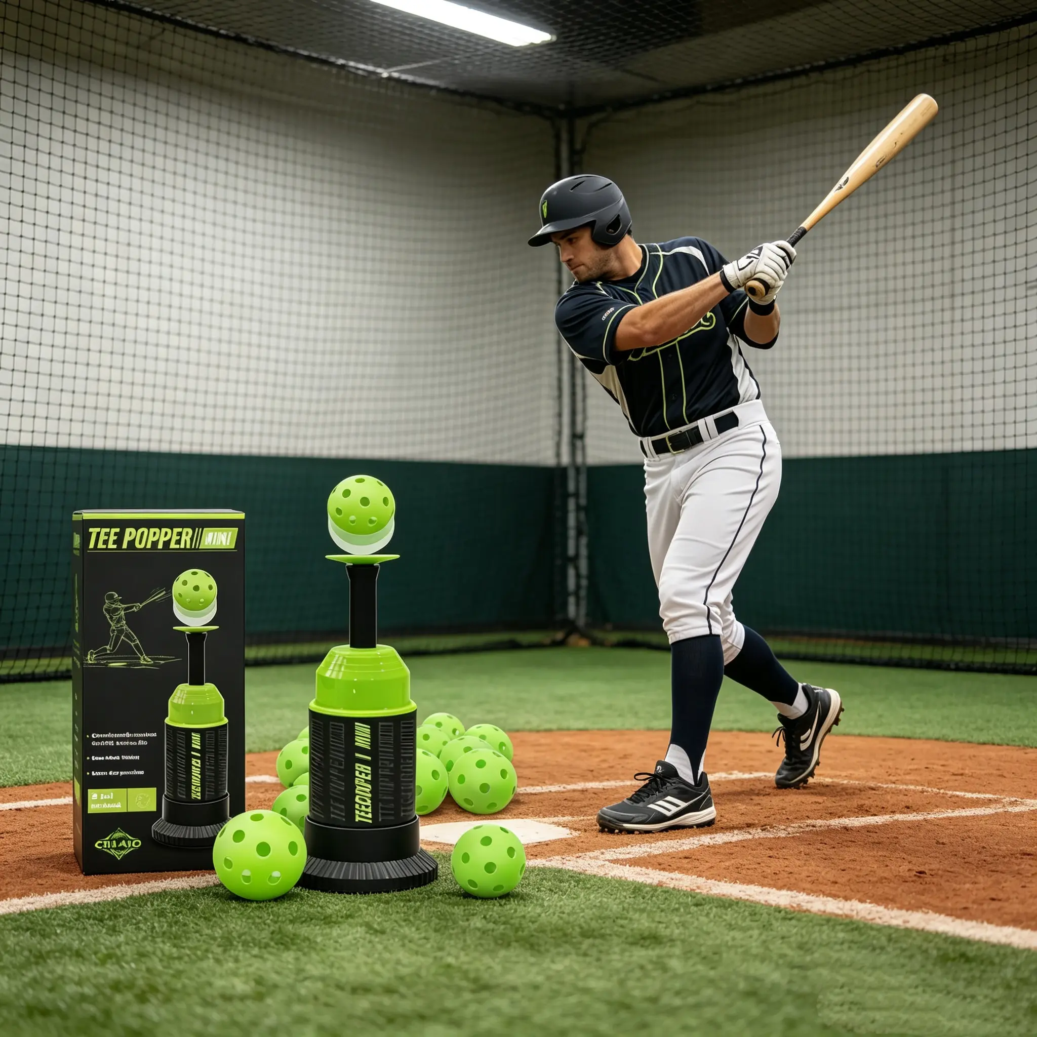 Pop Up Baseball Batting Tee with Spring Mechanism, Self-Reset Trainer with 12 Rebound Balls for Solo Hitting Practice in Garage or Indoor Use, Softball Training, Portable, Consistent Performance