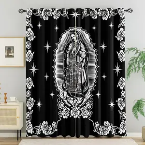 Our Lady of Guadalupe Black White Floral Print Blackout Grommet Decorative Curtains, Religious Virgin Mary Window Drapes for Bedroom, Spiritual Home Decor, Easy Install Curtain, Home Decoration Curtain, 2 Panels